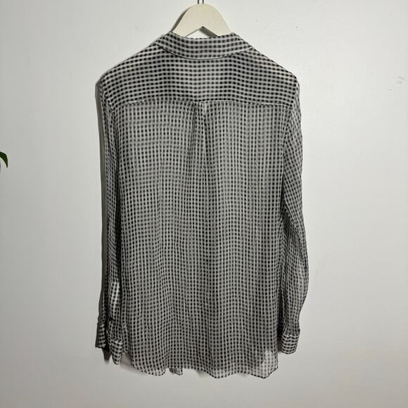 Theory Silk Gingham Button Down Blouse Women XL Black White Sheer Popover Career - Picture 2 of 8
